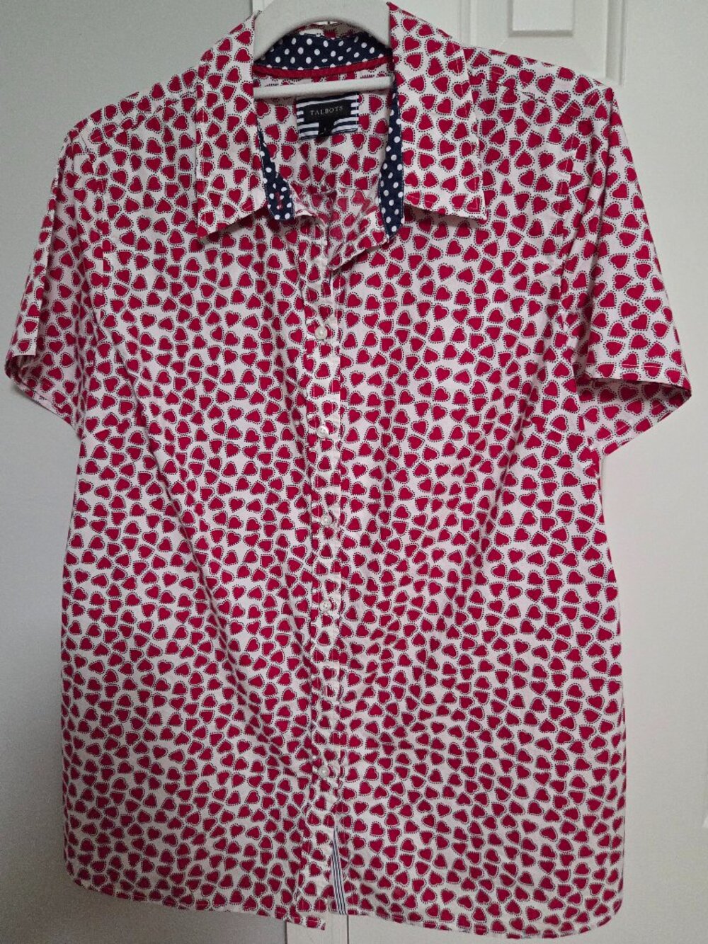 Talbots button up SS cotton shirt in red and white with red hearts Size L
